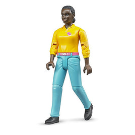 Figurina femeie negresa cu pantaloni turcoaz, bluza galbena, curea roz, Bruder® bworld® 60404 Inaltime 11 cm