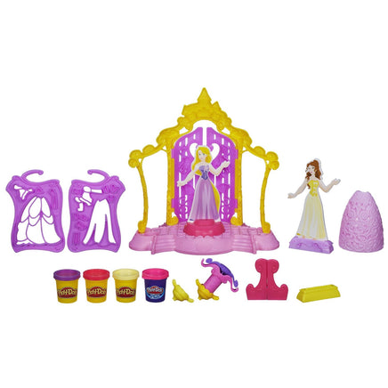Set Plastilina Belle si Rapunzel Play-Doh Disney Princess Design-a-Dress Boutique